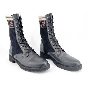 Fendi Rockoko Combat Boots EU 42 US 12 Black Leather FF Zucca Lace Up Sock